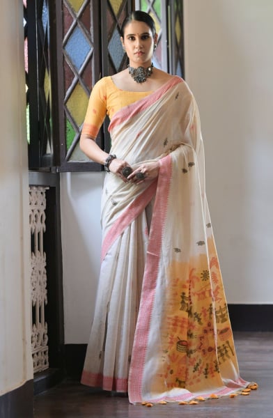 Ivory Cotton Ikkat Woven Saree