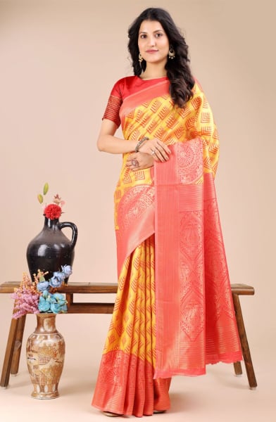 Yellow Banarasi Silk Woven Saree