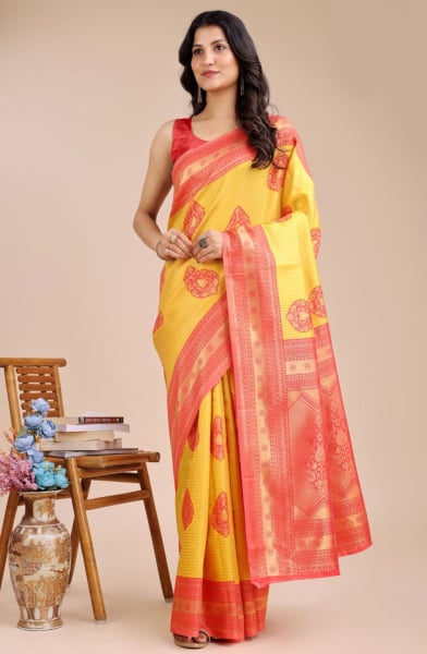 Yellow Banarasi Silk Woven Saree