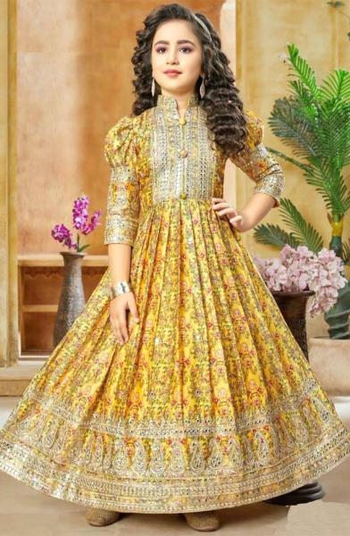 Yellow Chinnon Silk Digital Printed Gown