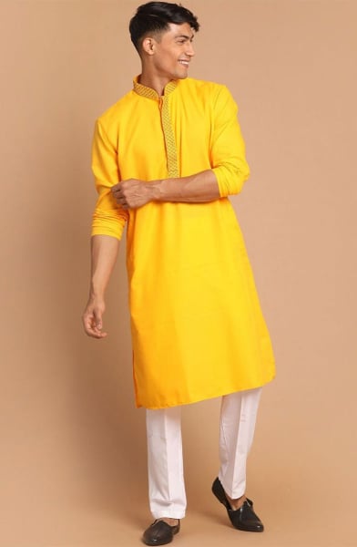 Yellow Cotton Blend Kurta Set