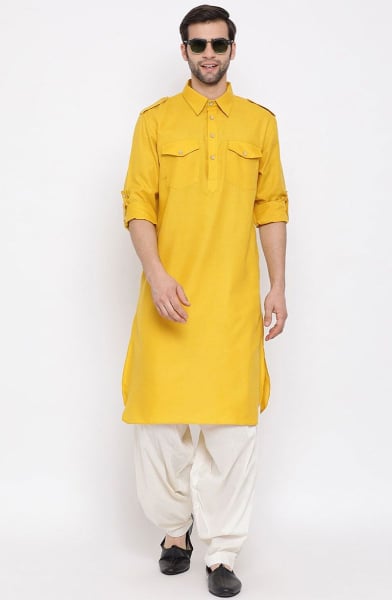 Yellow Cotton Blend Pathani Kurta Set