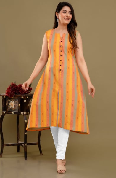 Yellow Cotton Party Wear Kurti