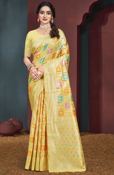 Yellow Cotton Woven Work Saree