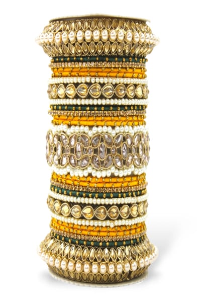 Yellow Designer Bangle Set with Moti and Stones
