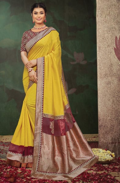 Yellow Designer Embroidered Saree