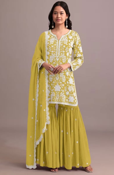 Yellow Embroidered Faux Georgette Sarara Kameez