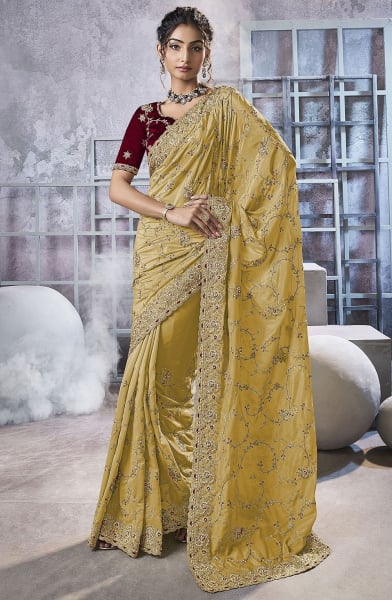 Yellow Embroidered Georgette Designer Saree