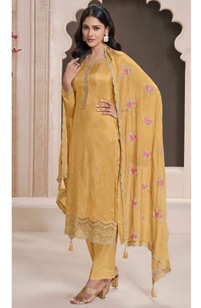 Yellow Embroidered Moonga Silk Pant Kameez