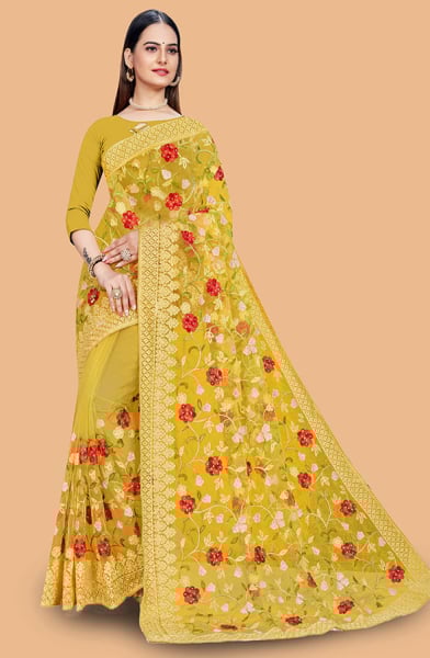 Yellow Embroidered Party Wear Saree
