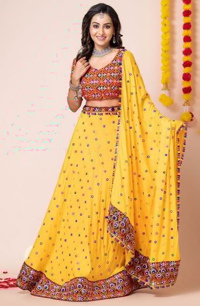 Yellow Gamthi Work Rayon Chaniya Choli