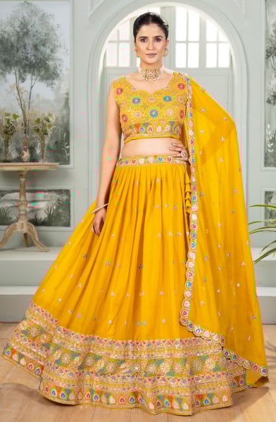 Yellow Georgette Embroidered Lehenga Choli Set