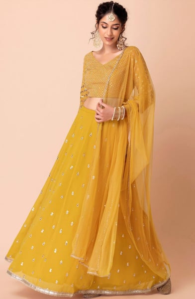 Yellow Georgette Embroidered Lehenga Choli Set