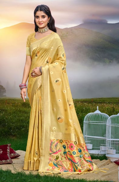 Yellow Heavy Assam Silk Meena Work Saree for Festival