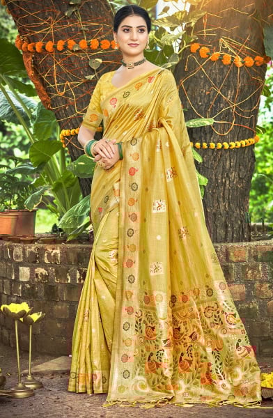 Yellow Heavy Assam Silk Meena Work Saree for Festival
