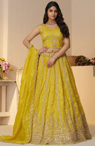 Yellow Heavy Embroidered Lehenga Choli for Wedding