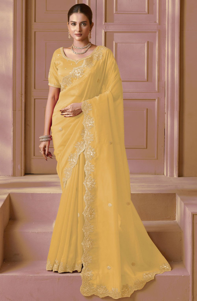 Yellow Heavy Organza Embroidered Saree for Ceremonial