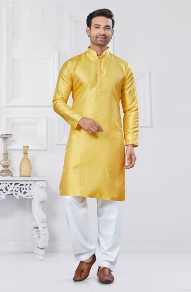 Yellow Jacquard Silk Woven Kurta Set