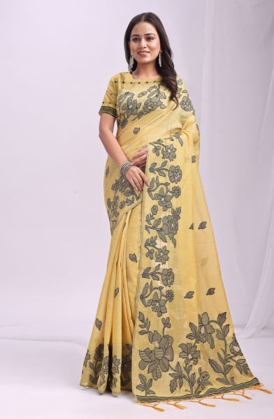 Yellow Linen Cotton Party Wear Saree