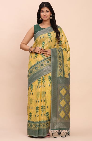 Yellow Linen Cotton Saree