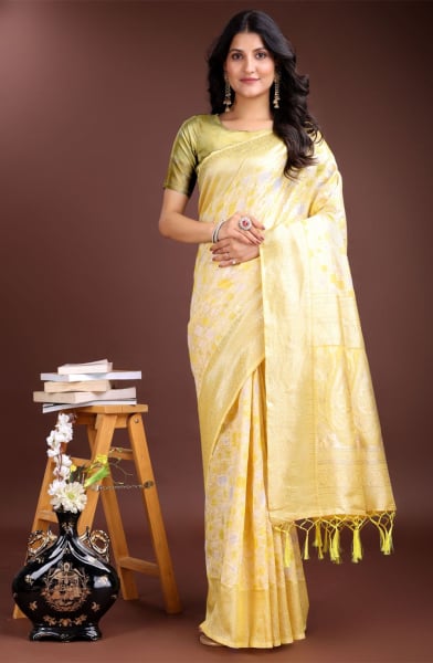 Yellow Linen Cotton Woven Saree