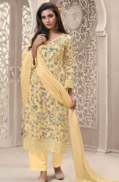 Yellow Linen Fabric with Floral Printed and Schiffli work Kurta Set