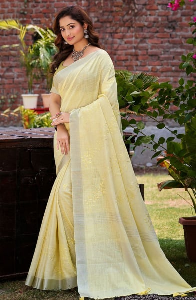 Yellow Linen Saree for Festival