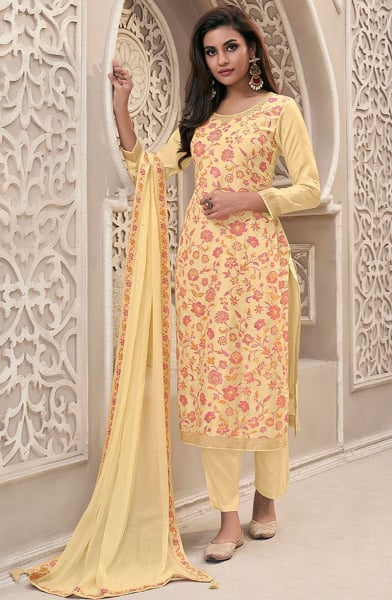 Yellow Meena Jacquard Colour Floral Kurta Set