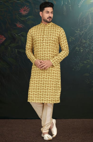 Yellow Printed Rayon Kurta