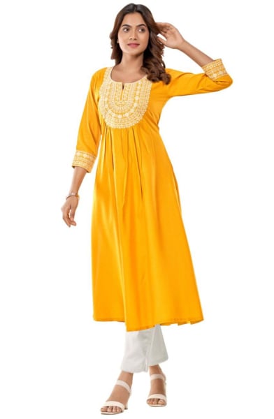 Yellow Rayon Embroidered Kurti