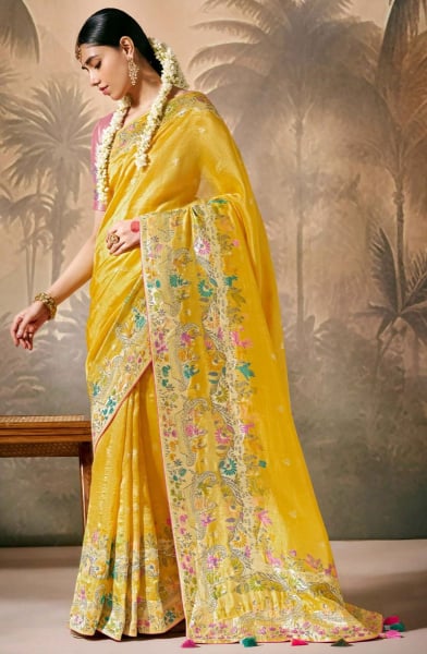 Yellow Silk Designer Woven Work Saree