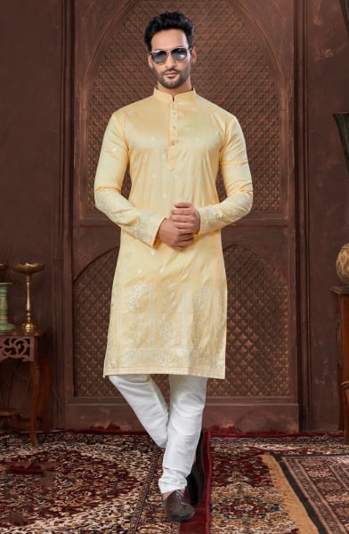 Yellow Silk Embroidered Kurta Set