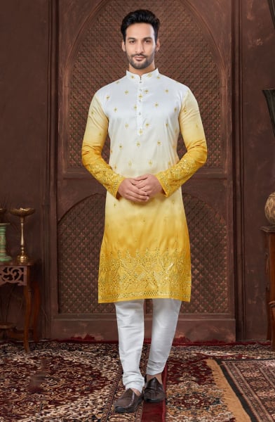 Yellow Silk Embroidered Kurta Set