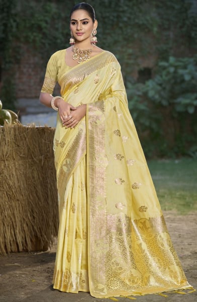 Yellow Silk Woven Work Saree
