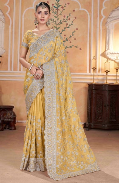 Yellow Thread Embroidered Saree for Ceremonial
