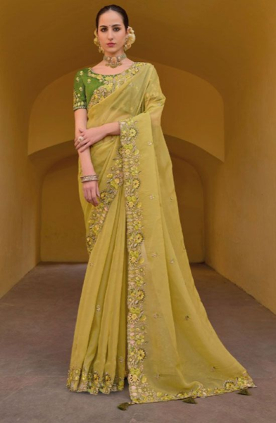 Yellow Tissue Organza Silk Designer Saree