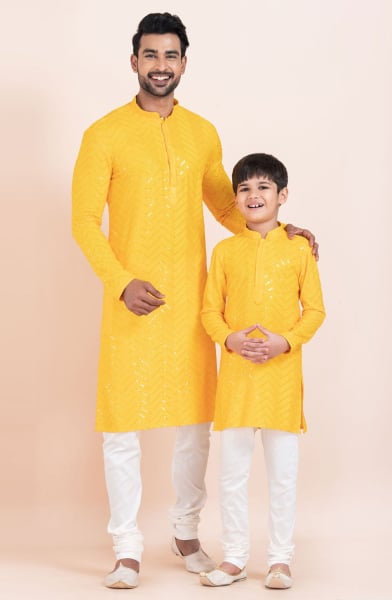 Yellow Viscose Rayon Father Son Kurta Set Combo