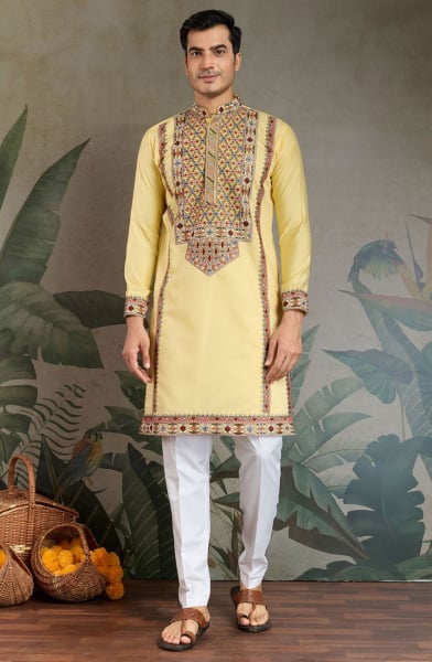 Yellow Viscose Silk Embroidered Kurta for Festival