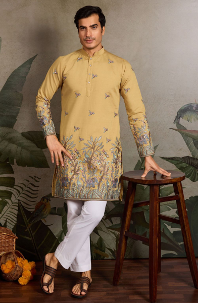 Yellow Viscose Silk Kurta for Ceremonial