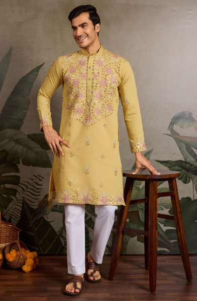 Yellow Viscose Silk Kurta for Festival