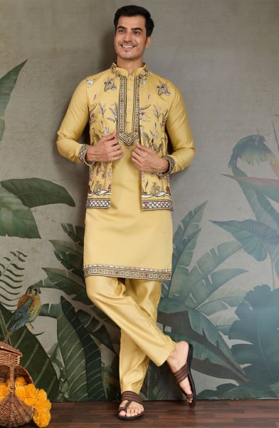 Yellow Viscose Silk Kurta Pyjama Set with Jacket