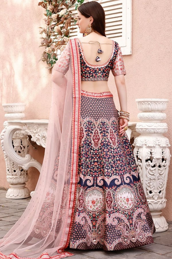 Navy Blue Silk Embroidered Lehenga Choli Set