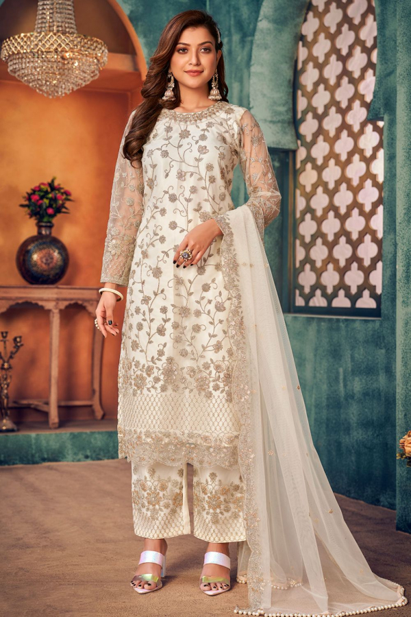 Pearl White Embroidered Net Trouser Kameez