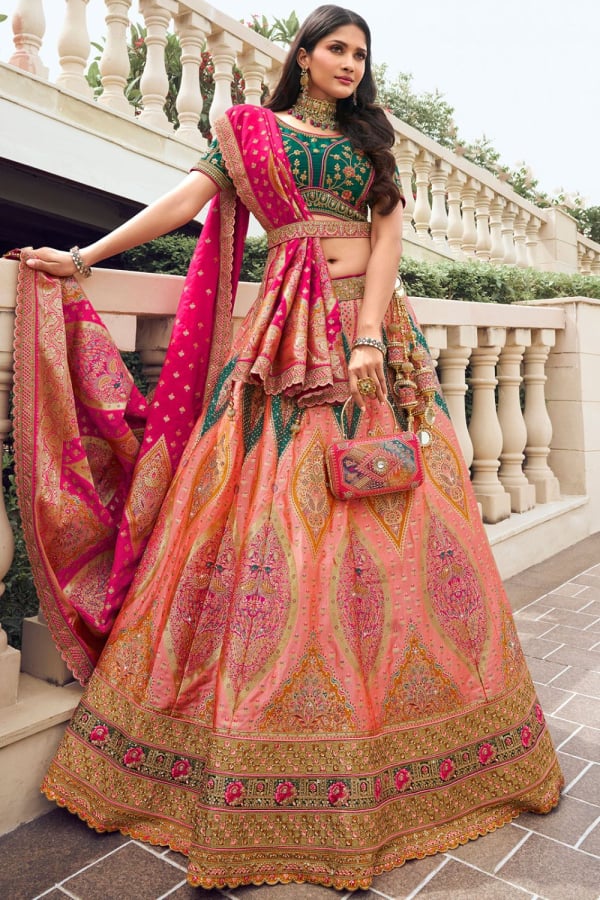 Coral Pink Handwork Silk Designer Bridal Lehenga Choli