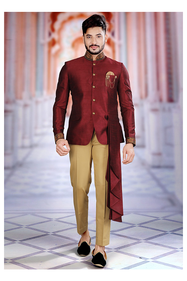 maroon art silk men jodhpuri suit ad3086