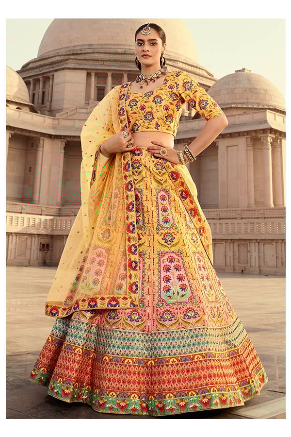 Multicolor Embroidered Art Silk Lehenga Choli