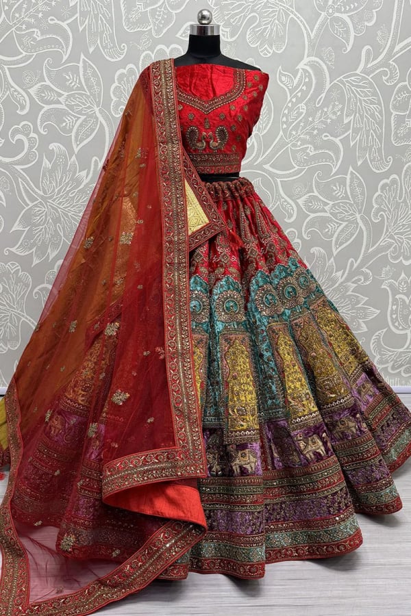 Multicolor Embroidered Velvet Bridal Lehenga Choli with Double Dupatta