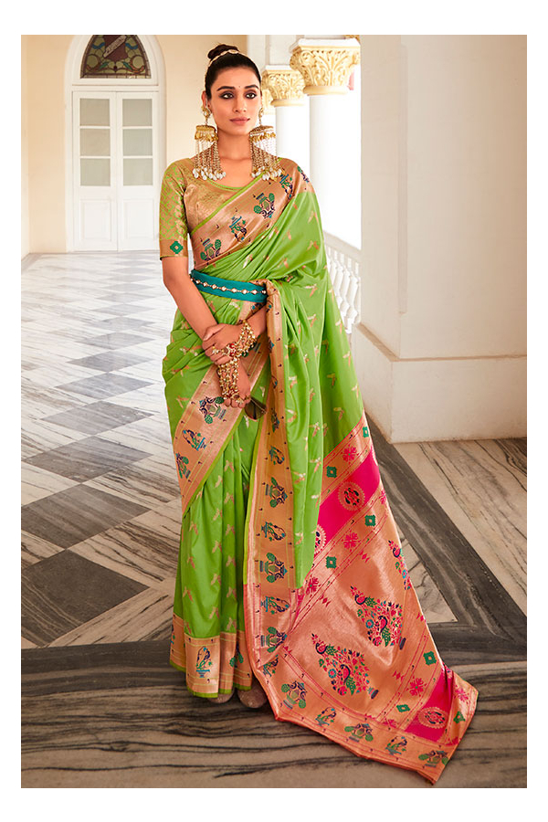 Parrot Green Paithani Saree With Weaving & Meenakari Work | Parrot green  saree, Saree, Green saree