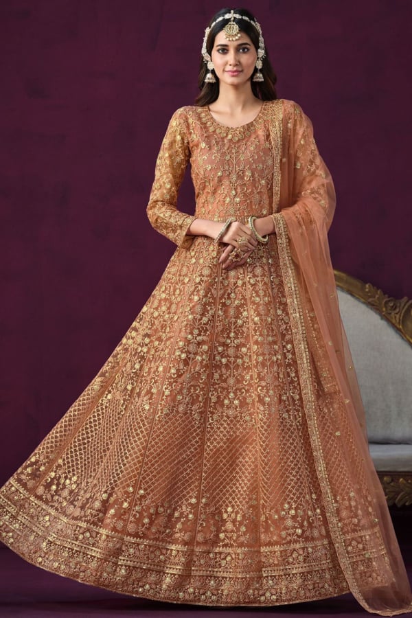 Peach Net Designer Anarkali Suit for Wedding