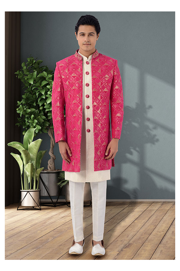 Rani Pink and Off White Readymade 3 Piece Jacket Style Sherwani